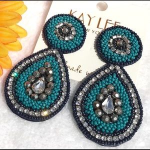 Large Boho Seed Bead Post Drop Rhinestone Earrings